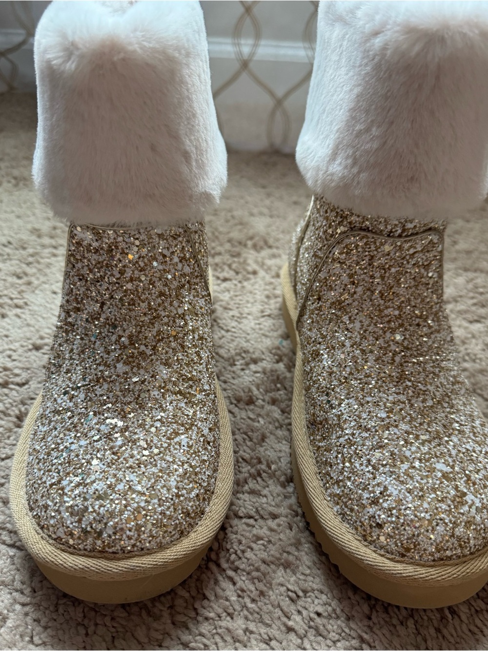 Michael Kors Gold Glitter Faux Fur Cuff Ankle Boots